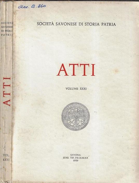 Società Savonese di Storia Patria Atti Volume XXXI - copertina