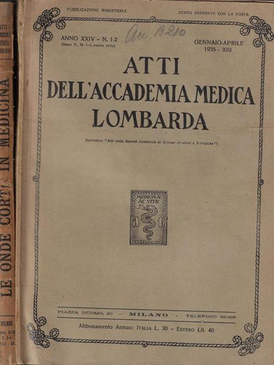 Atti dell'Accademia medica lombarda anno 1935 N. 1-2, 3-4 Vito Massarotti, direttore - copertina