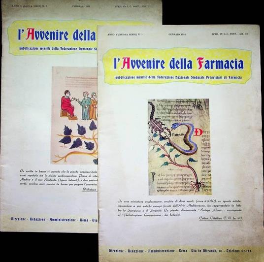 L'avvenire della farmacia: rivista mensile della Federazione nazionale sindacale dei proprietari di farmacia: Anno V (nuova serie): N. 1, 2 (1954) - copertina