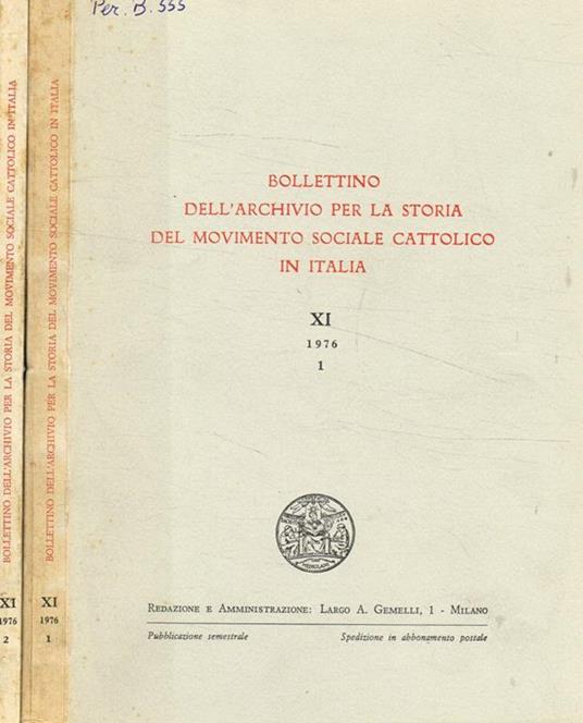 Bollettino dell'archivio per la storia del movimento sociale cattolico in italia. XI, 1976 - copertina