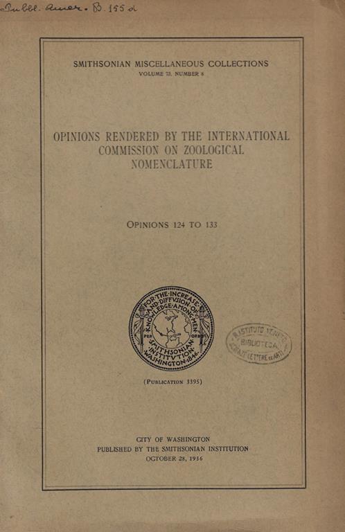 Opinions rendered by the international commission on zoological nomenclature Vol. 73- fasc. 8 - copertina