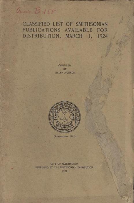 Classified list of Smithsonian Publications available for distribution, march 1, 1924 - copertina