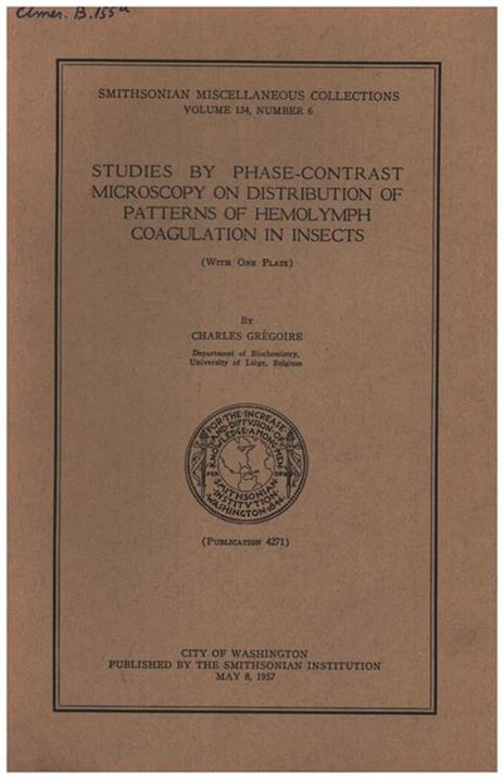 Studies by phase-contrast microscopy on distribution of patterns of hemolymph coagulation in insects - copertina