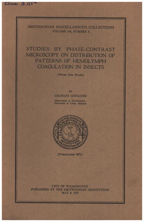 Studies by phase-contrast microscopy on distribution of patterns of hemolymph coagulation in insects - copertina