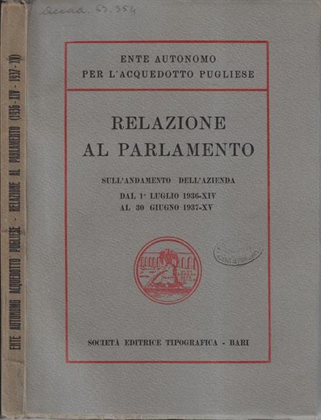 Relazione al Parlamento sull'andamento dell'azienda dal 1 luglio 1936-XIV al 30 giugno 1937-XV - copertina