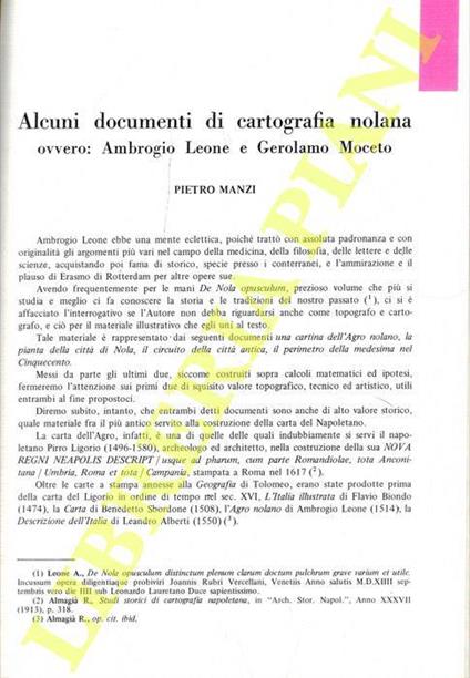 Alcuni documenti di cartografia nolana ovvero: Ambrogi Leone e Gerolamo Moceto - Pietro Manzi - copertina