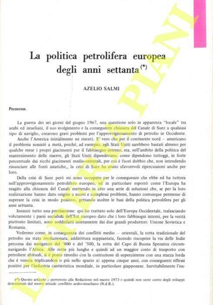 La politica petrolifera europea negli anni settanta - copertina