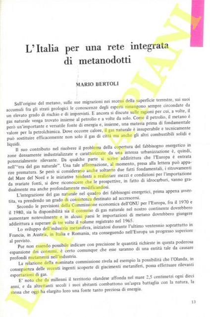 L' Italia per una rete integrata di metanodotti - Mario Bertoli - copertina