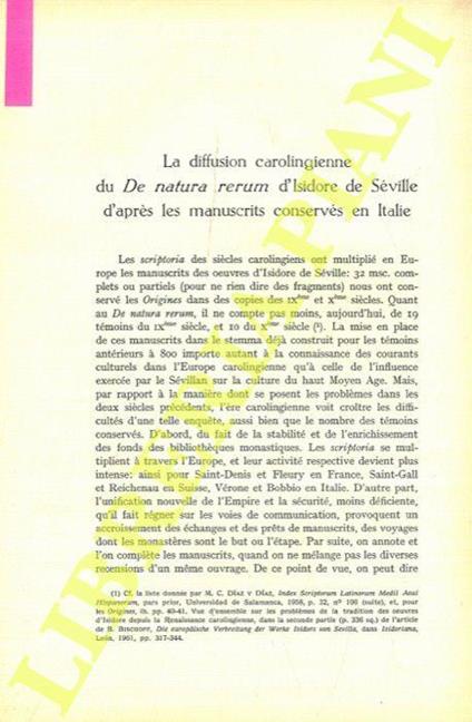 La diffusion carolingienne du “De natura rerum” d'Isidore de Séville d'après les manuscrits conservés en Italie - Jacques Fontaine - copertina