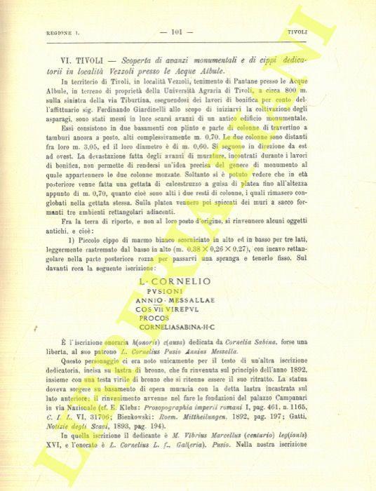 Regione I (Latium et Campania). Latium. Tivoli. Scoperta di avanzi monumentali e di cippi dedicatorii in località Vezzoli presso le Acque Albule - G. Mancini - copertina