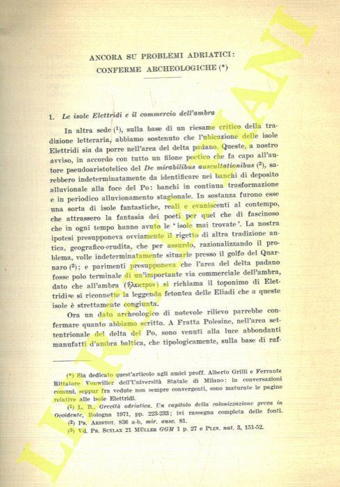 Ancora su problemi adriatici: conferme archeologiche. 1. Le isole Elettridi e il commercio dell'ambra. 2. Penetrazione siracusana e documentazione numismatica - Lorenzo Braccesi - copertina