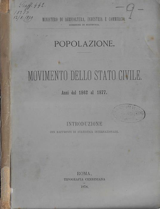 Popolazione. Movimento dello stato civile anni dal 1862 al 1877 - copertina
