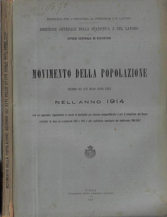 Movimento della popolazione secondo gli atti dello Stato civile nell'anno 1914 - copertina