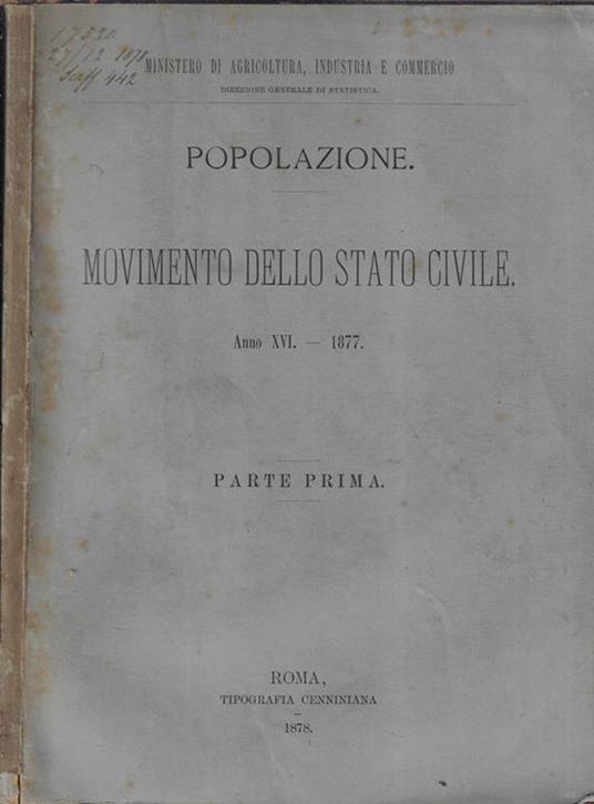 Popolazione. Movimento dello Stato civile anno XXI 1877 - copertina