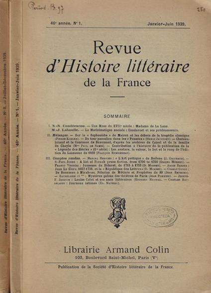 Revue d'Histoire litteraire de la France Anno 1939 - copertina