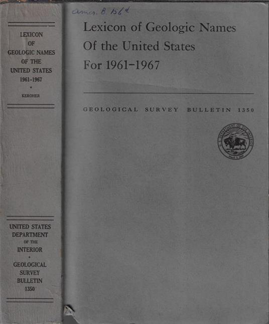 Lexicon of geologic names of the United States for 1961-1967 - copertina
