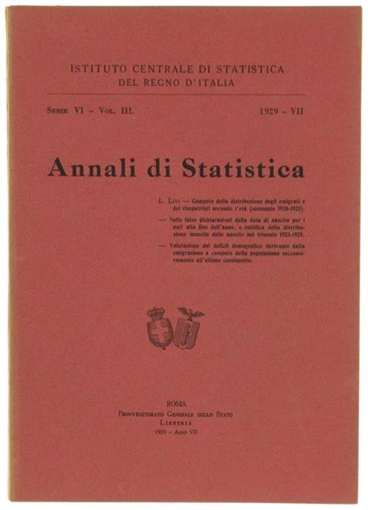 ANNALI DI STATISTICA, Serie VI, volume III - Livio Livi - copertina