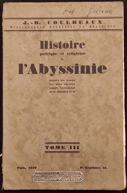 Histoire Politique et Religieuse de l'Abyssinie - Coulbeaux - Tome III - 1929 - copertina