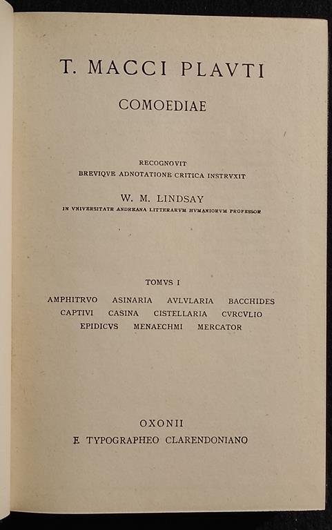 T. Macci Plauti - Comoediae - Typographeo Clarendoniano - 1952 - 2 Tomi - copertina