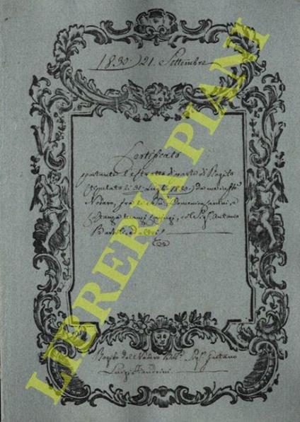 Estratto di parte di rogito stipulato il 31 luglio 1830, relativo ad assoluzione a favore di Antonio Bartoli, accollatario Serra, per estinzione di credito di cambio nundinale e successiva compra fatta dai coniugi Manzi, di una casa posta in Bologna, - copertina