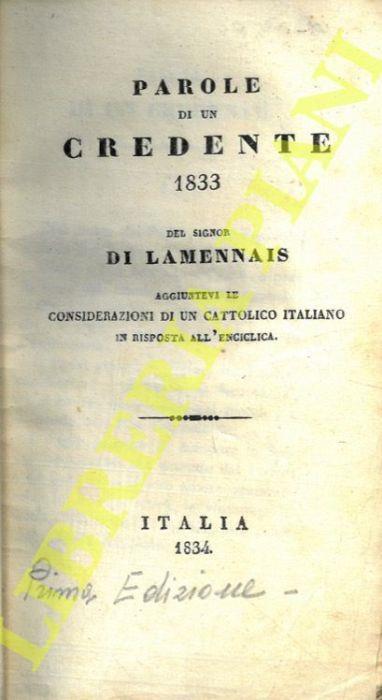 Parole di un credente 1833. Aggiuntevi le considerazioni di un cattolico italiano in risposta all’Enciclica - Félicité de Lamennais - copertina