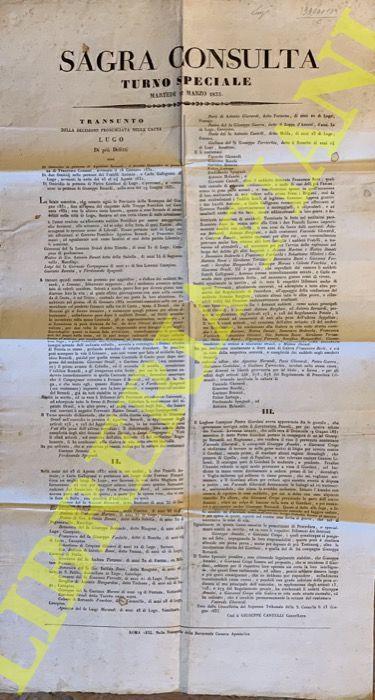 Transunto della decisione pronunciata nella causa a Lugo di più delitti (contro Berardi, Gallignani, Giordani, e altri) dai liberali Orioli, Donati, Compagnoni e altri per fatti di sangue nei moti del 1831/32 - copertina