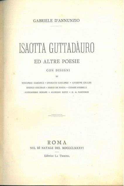 Isaotta Guttadauro ed altre poesie con disegni di Vincenzo Cabianca, Onorato Carlandi, Giuseppe Cellini, Enrico Coleman, Mario de Maria, Cesare Formilli, Alessandro Morani, Alfredo Ricci, G. A. Sartorio - Gabriele D'Annunzio - copertina