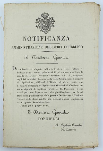 Notificanza - Amministrazione Del Debito Pubblico. Gli 8 Giugno 1822 [Documento Originale] - Torielli - Torelli - copertina