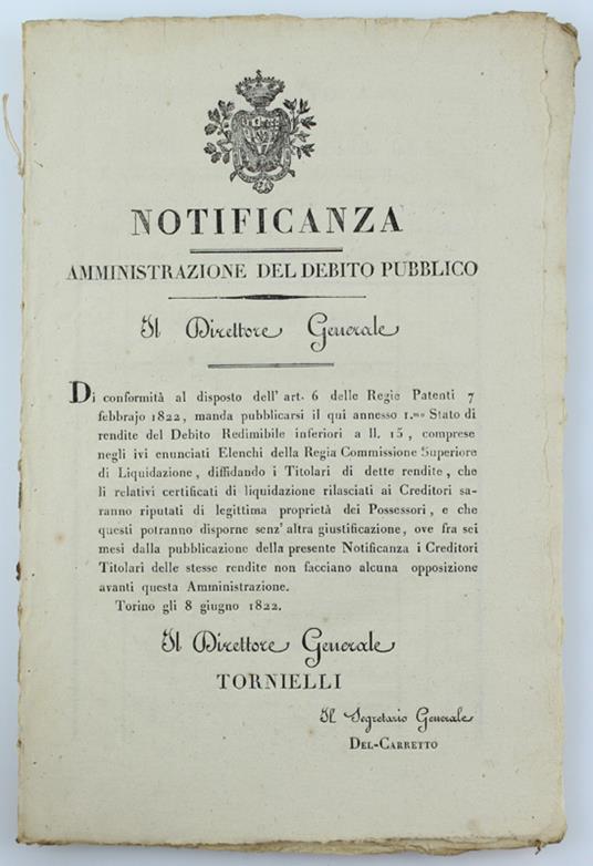 Notificanza - Amministrazione Del Debito Pubblico. Gli 8 Giugno 1822 [Documento Originale] - Torielli - Torelli - copertina