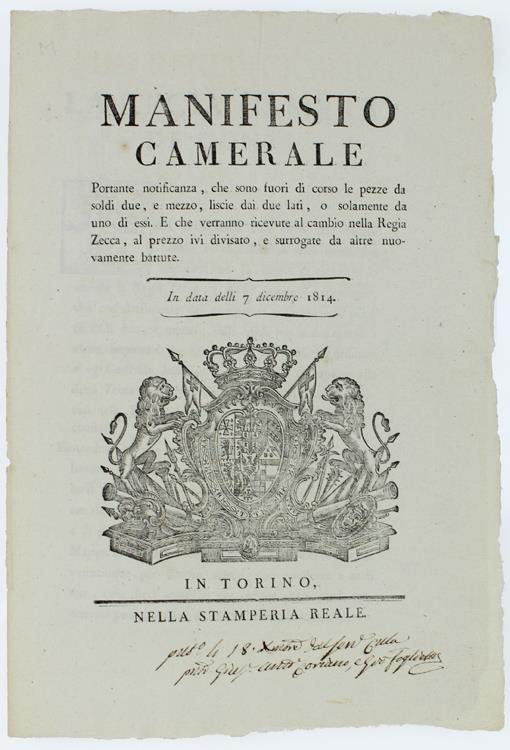 Manifesto Camerale Portante Notificanza, Che Sono Fuori Di Corso Le Pezze Da Soldi Due E Messso, Liscie Dai Due Lati, O Solamente Da Uno Di Essi.. - Vittorio Emanuele Parsi - copertina