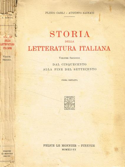 Storia della letteratura italiana vol.II - Plinio Carli - copertina