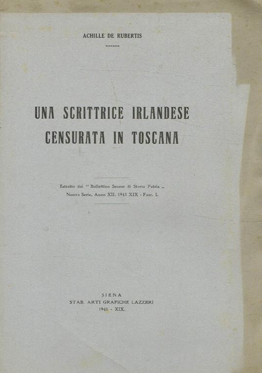 Una scrittrice Irlandese censurata in toscana - Achille De Rubertis - copertina