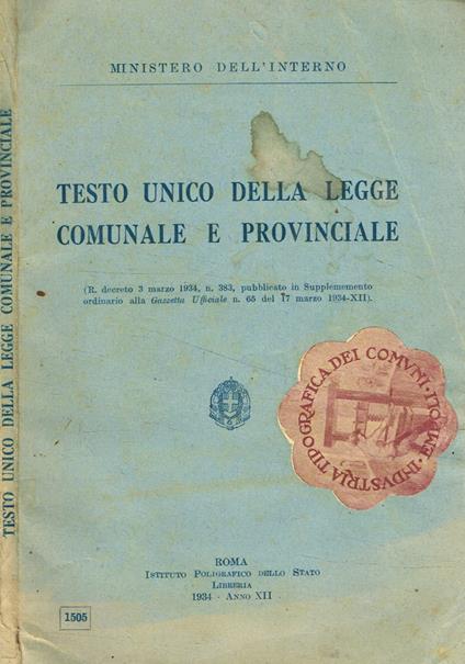 Testo unico della legge comunale e provinciale - L'Interno del Ministro - copertina