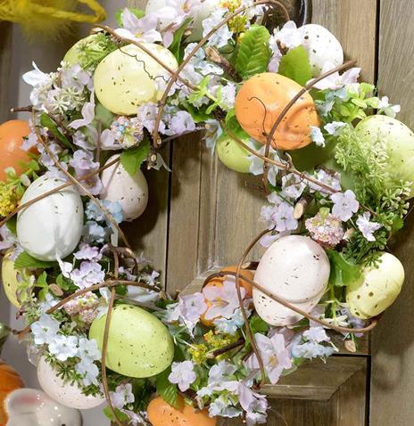 Ghirlanda di Pasqua con Fiori di Pesco e Uova Colorate Artigianale da Appendere - 2