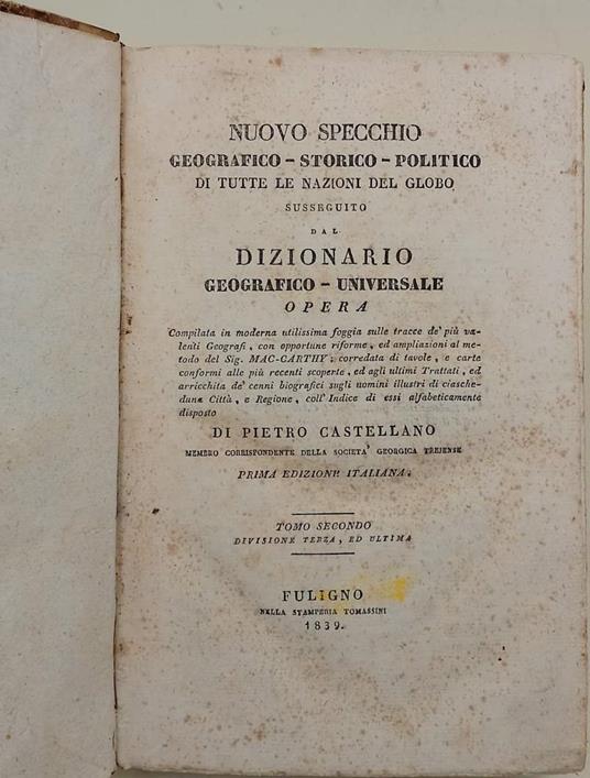 Nuovo Specchio Geografico-Storico-Politico Di Tutte Le Nazioni Del Globo - Pietro Castellino - copertina