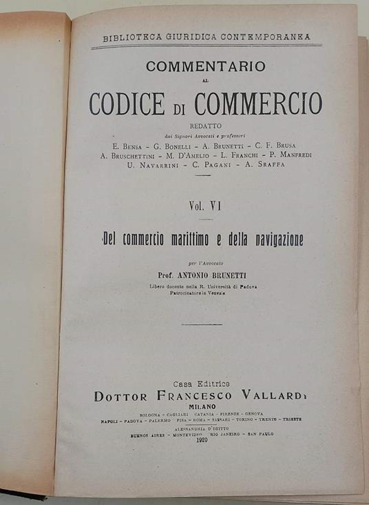 Commentario Al Codice Di Commercio-Vol. Vi- Del Commercio Marittimo E Della Navigazione - Antonio Bonetti - copertina