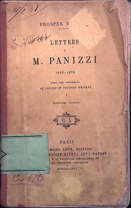 Lettres a M. Panizzi 1850-1870 - Prosper Mérimée - copertina