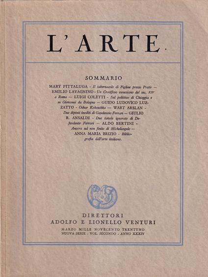 L' Arte. Rivista bimestrale di storia dell'arte medioevale e moderna - Nuova serie, anno XXXIV, marzo 1931, vol. II°, fascicolo II - copertina