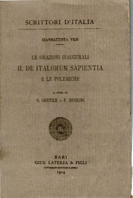 Le Orazioni Inaugurali Il De Italorum Sapientia e Le Polemiche - Giambattista Vico - copertina