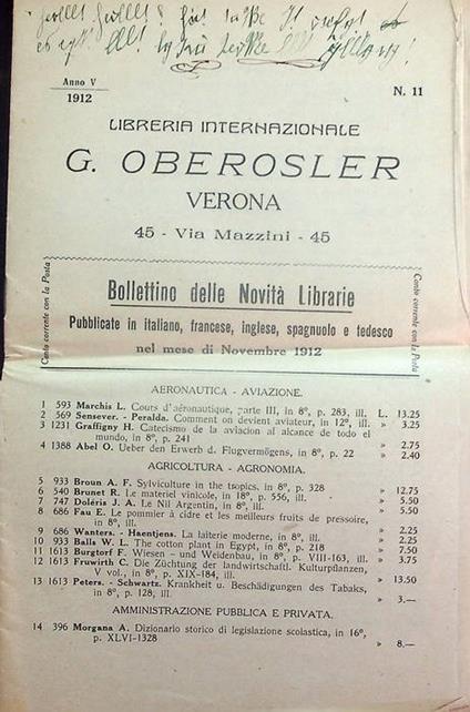 Liberia internazionale G. Oberosler: Verona: A.V (1912): N.11 - copertina