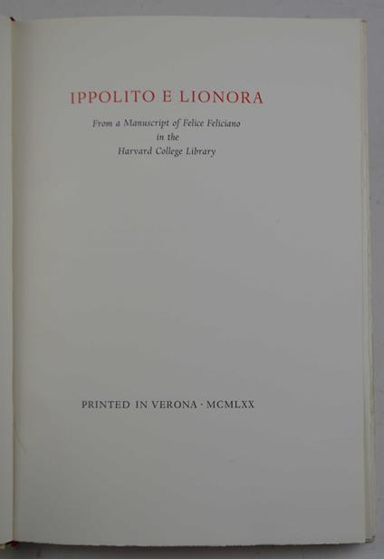 Ippolito e Lionora. From a Manuscript of Felice Feliciano in the Harvard College Library - copertina