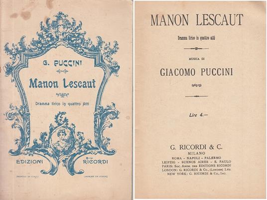Manon Lescaut Puccini Libretto D'opera - Giacomo Puccini - copertina