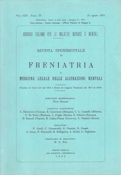 Freniatria Medicina Legale Vol.Cxv Fasc.Iv - copertina