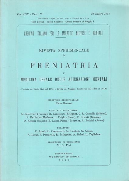 Freniatria Medicina Legale Vol.Cxv Fasc.V - copertina
