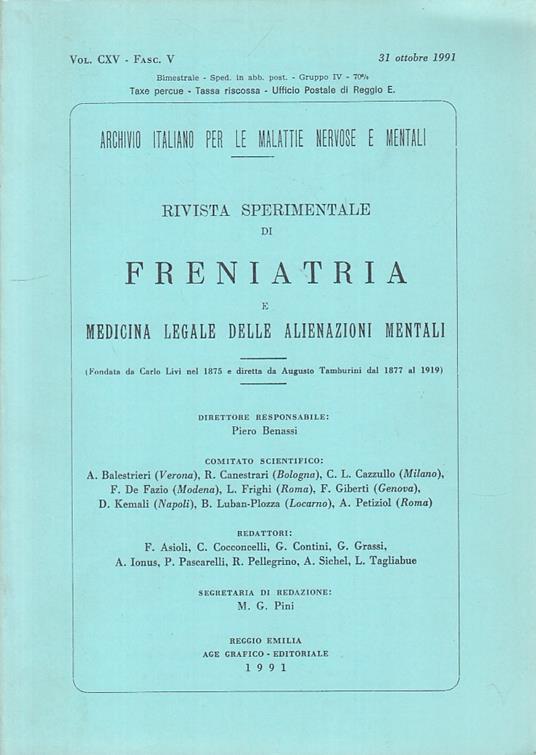 Freniatria Medicina Legale Vol.Cxv Fasc.V - copertina