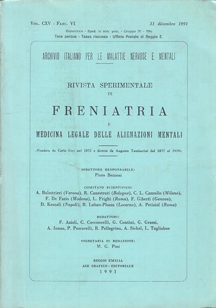 Freniatria Medicina Legale Vol.Cxv Fasc.Vi - copertina