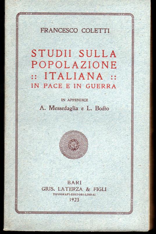 Studii sulla popolazione italiana in pace e in guerra In appendice A. Messedaglia e L. Bodio - Francesco Boletti - copertina