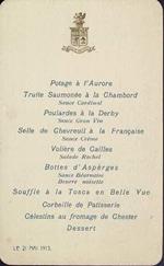 Menu le 21 mai 1913. Pranzo casa Greppi Frigerio