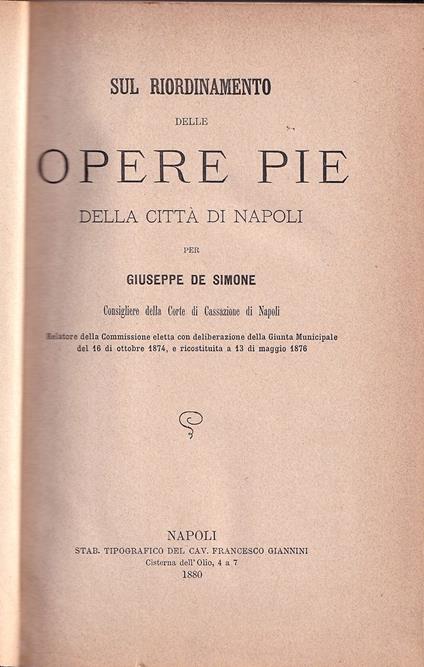 Sul riordinamento delle opere pie della città di Napoli - Giuseppe De Simone - copertina
