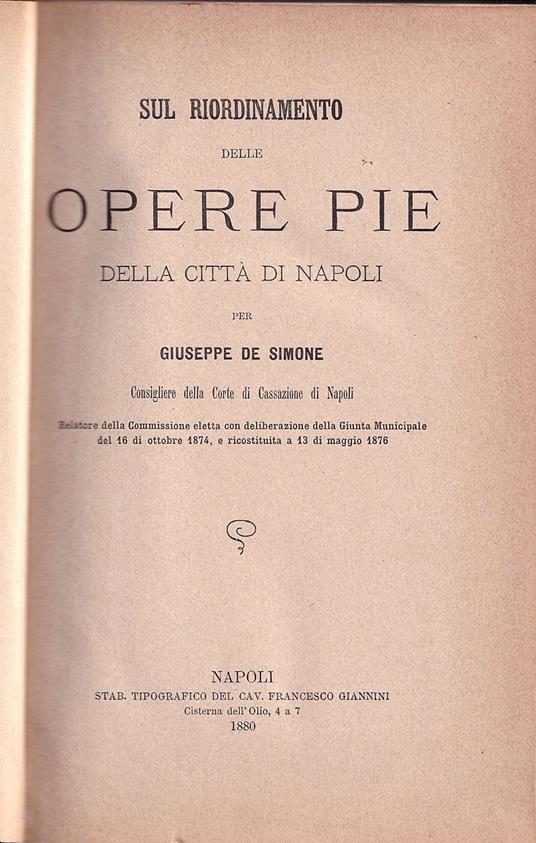 Sul riordinamento delle opere pie della città di Napoli - Giuseppe De Simone - copertina